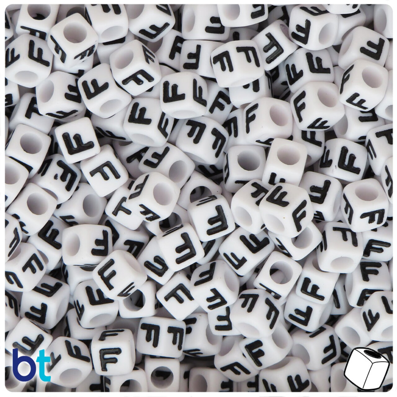 BeadTin White Opaque 7mm Cube Plastic Alpha Beads - Black Letter F (75pcs)